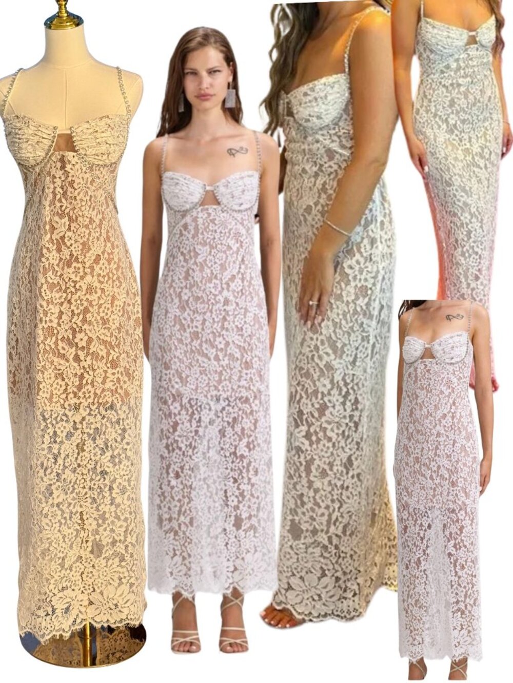 🆕 SELF-PORTRAIT 🧿 NWOT Crystal Trimmed White Fine Lace Maxi Dress, Sz US8 UK12